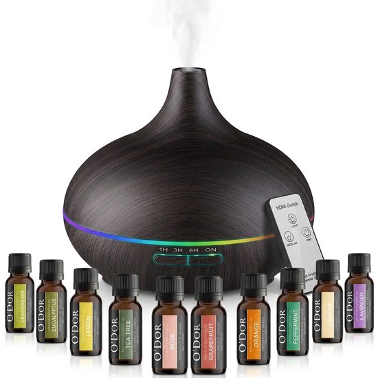Donkerbruine aroma diffuser met RGB-verlichting, inclusief 10 flesjes etherische olie.