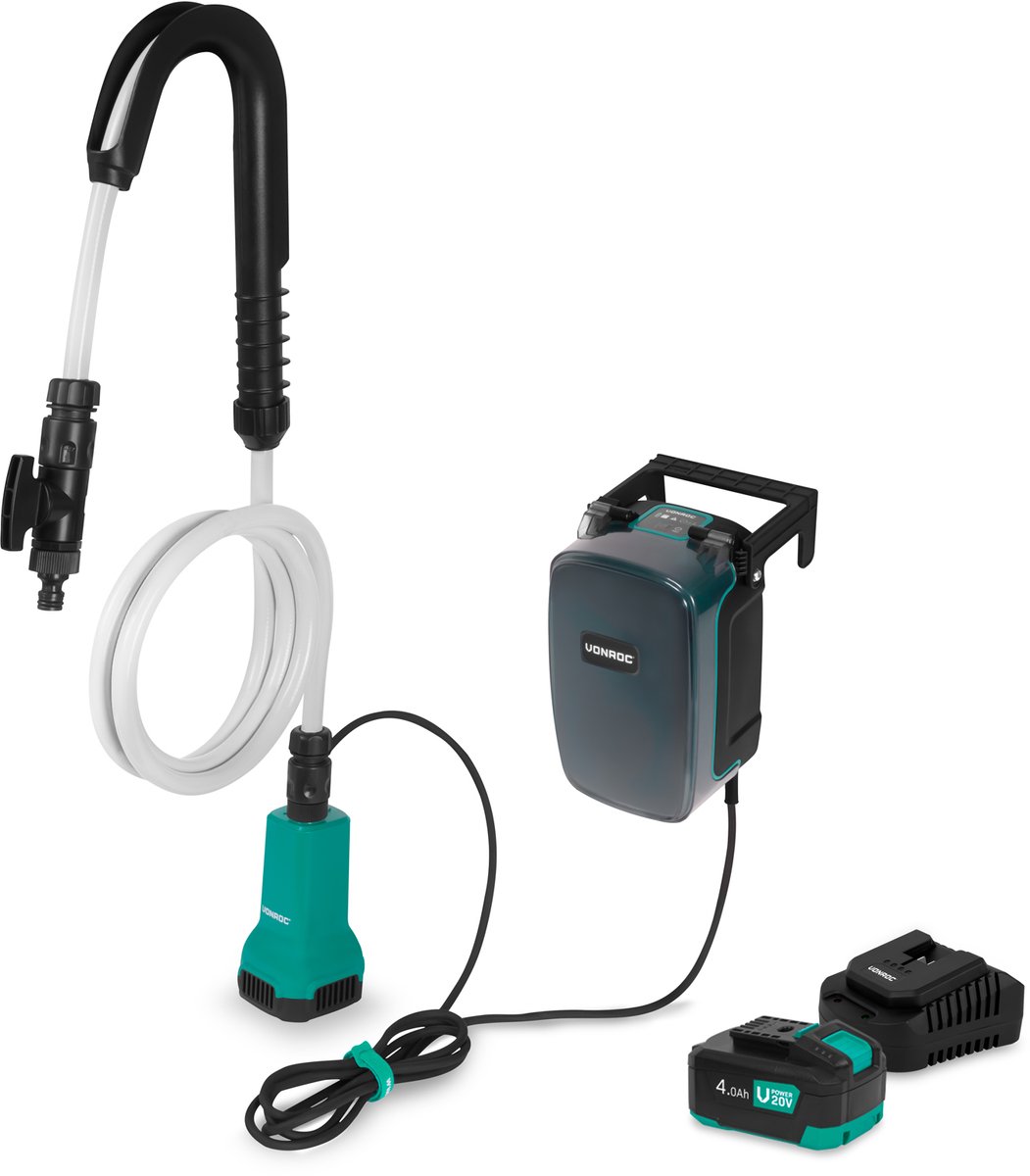 VONROC Accu Regentonpomp 20V - 80W - 1800 l/u - 1,75 bar – Met droogloopbeveiliging - Incl. 4.0Ah accu en snellader