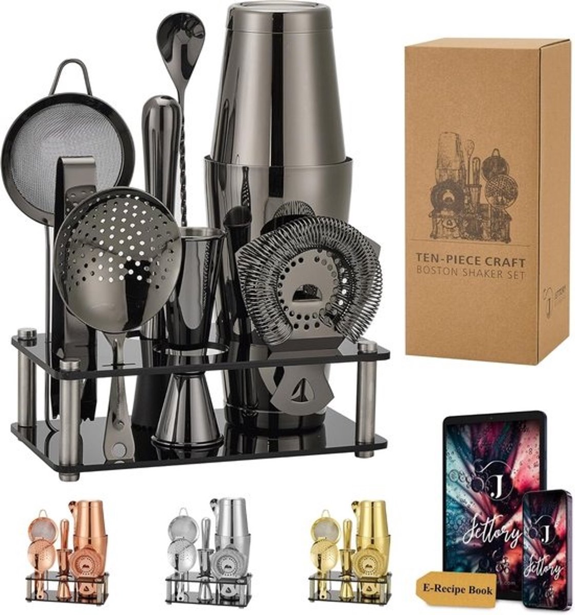Cocktailshaker Set - Roestvrijstaal - 10-delige Set - Inclusief Acrylstandaard - Voor Thuisbars