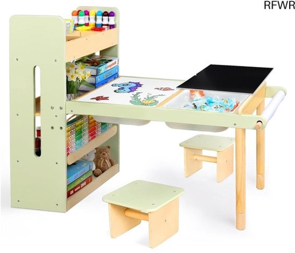 RFWR® Kindertafel met 2 Stoelen voor Kinderen van 3 tot 8 Jaar - Creatieve Speeltafel met Opbergruimte en Sensorische Activiteiten