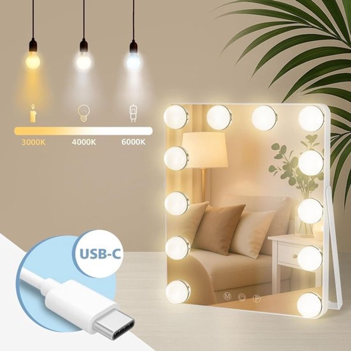 LED Make-up Spiegel met Verlichting - Draagbaar & Compact - Drie Lichtkleuren - USB-C