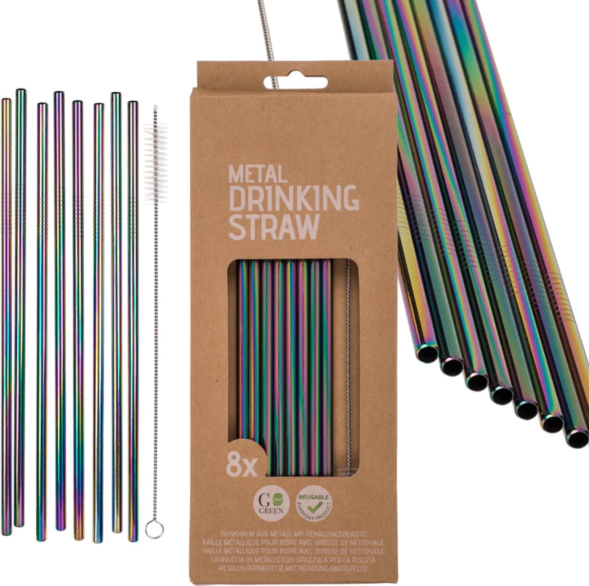 8x Herbruikbare RVS Rietjes 23,5 cm Ø 7 mm – Metalen Drinkrietjes – Inclusief Reinigingsborstel – Duurzaam