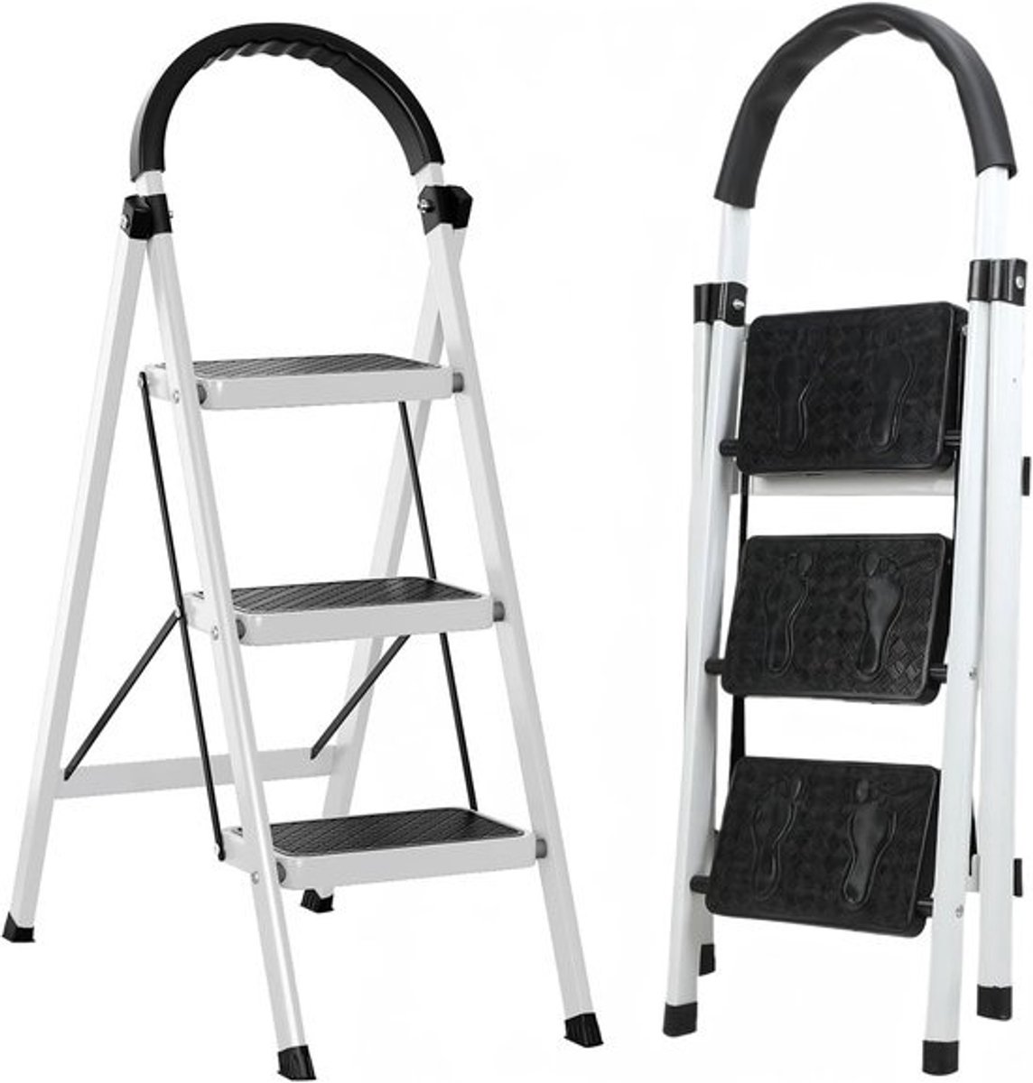 Vouwladder met Treden - Huishoudtrap Inklapbaar - Veilig Huiswerk - Met Extra Leuningen - 3 Treden 90cm - Wit