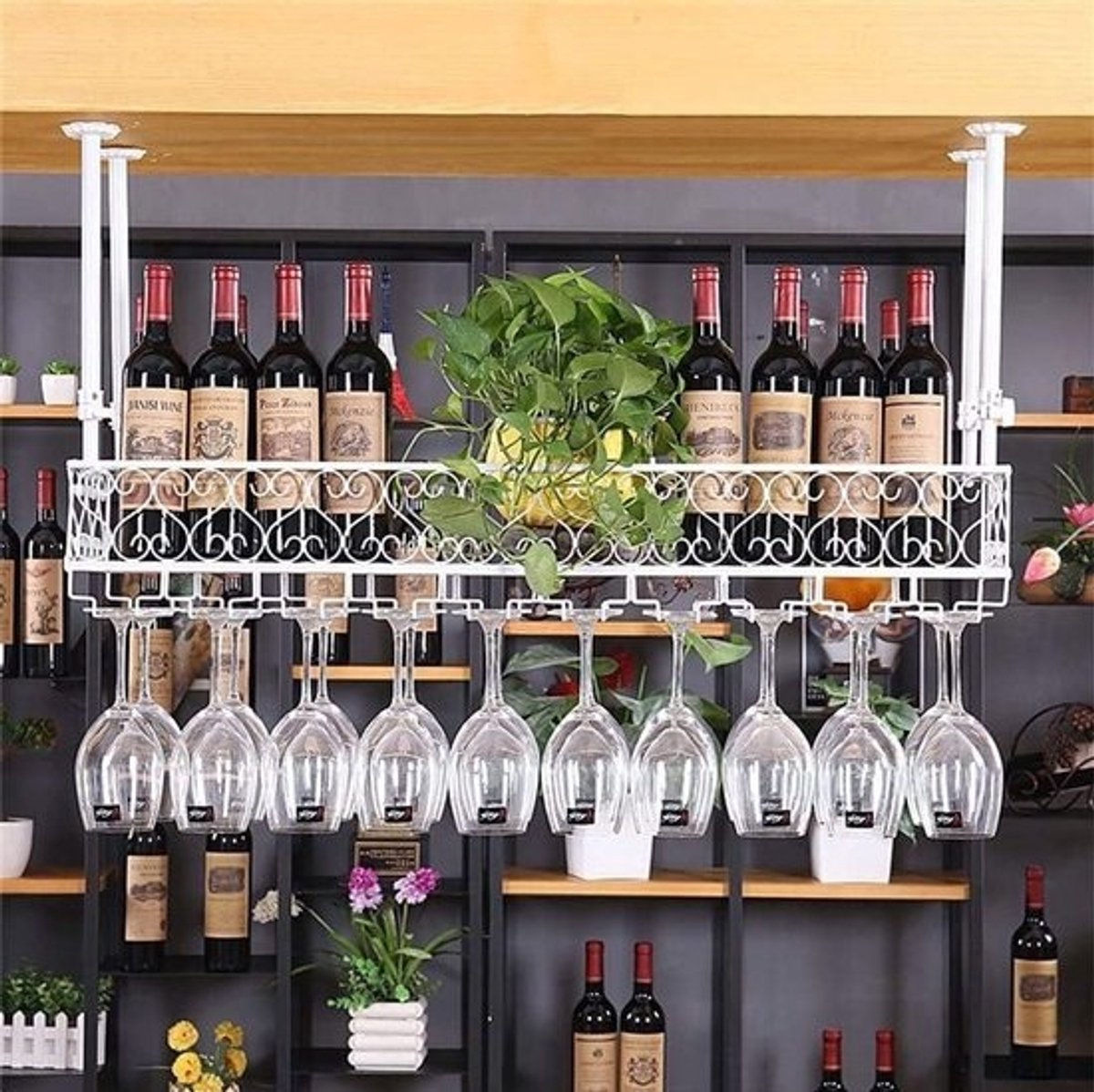 Zwevend Wijnrek - Wandrek Fles Glazen - Wijn Opslag - Inclusief Glazenhouder - 61 x 25 cm - Wit