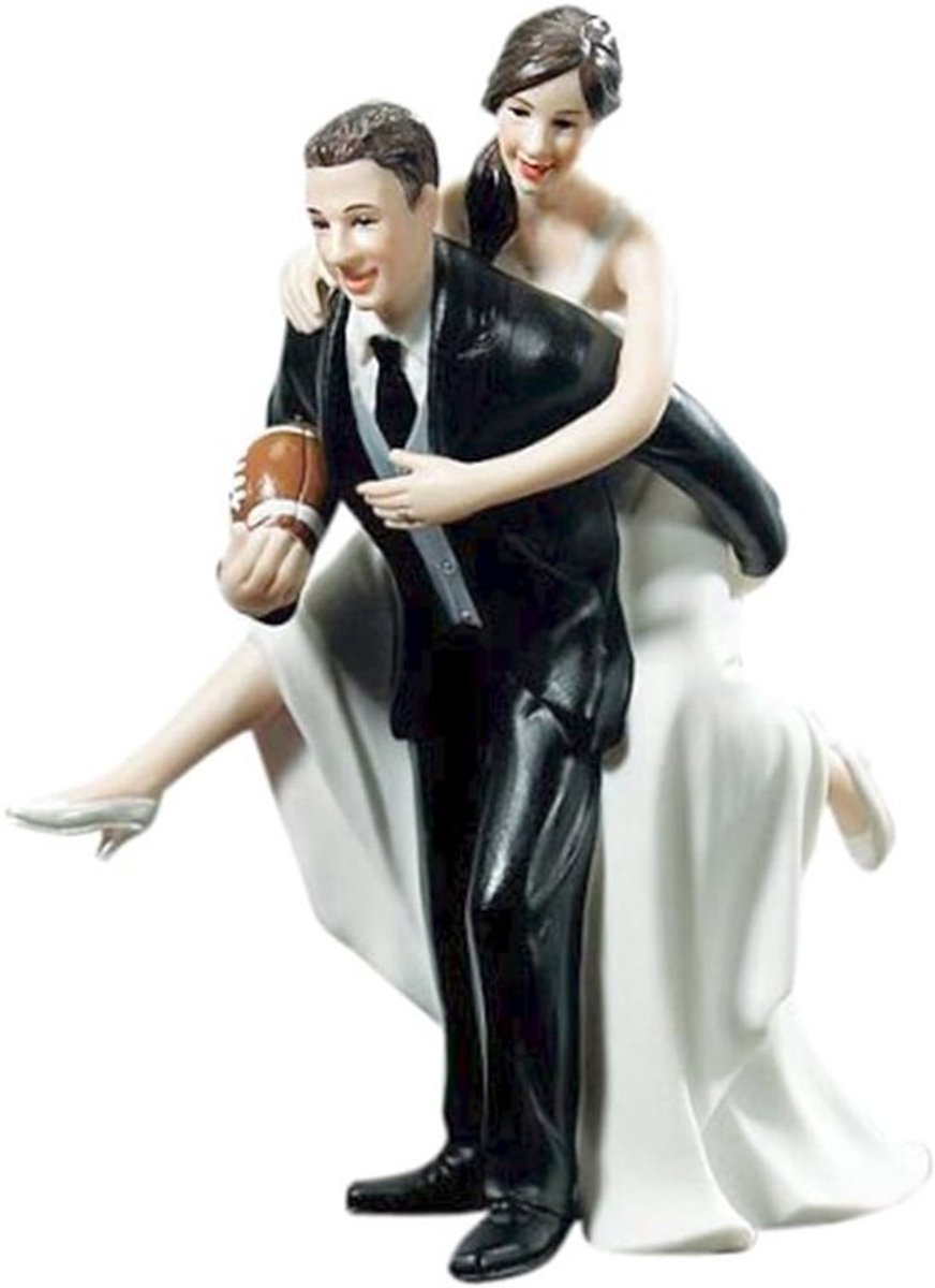 Bruidspaar Figuur - Voetbal Thema - Taart Decoratie - Handgeschilderd Porselein - 10 x 5 x 5 cm - Meerkleurig
