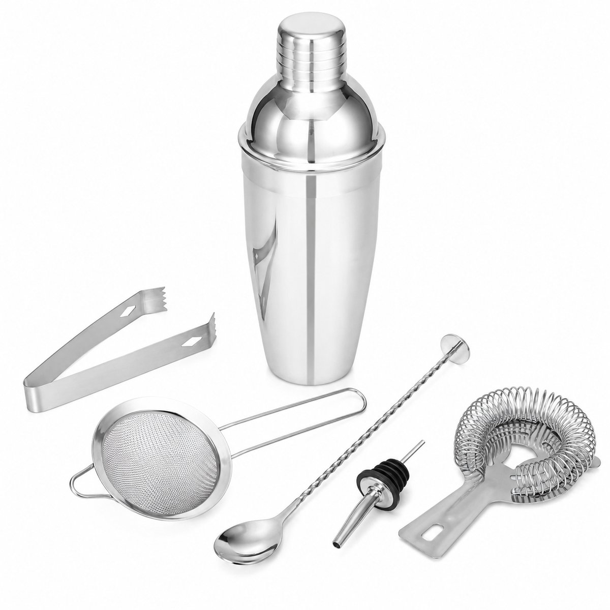 My Green Deal - Cocktailset 6-Delig - RVS Cocktail Shaker Set - Cocktailshaker met Hawthorne Strainer, Fijne Zeef, Barlepel, IJstang & Schenktuit - Zilver