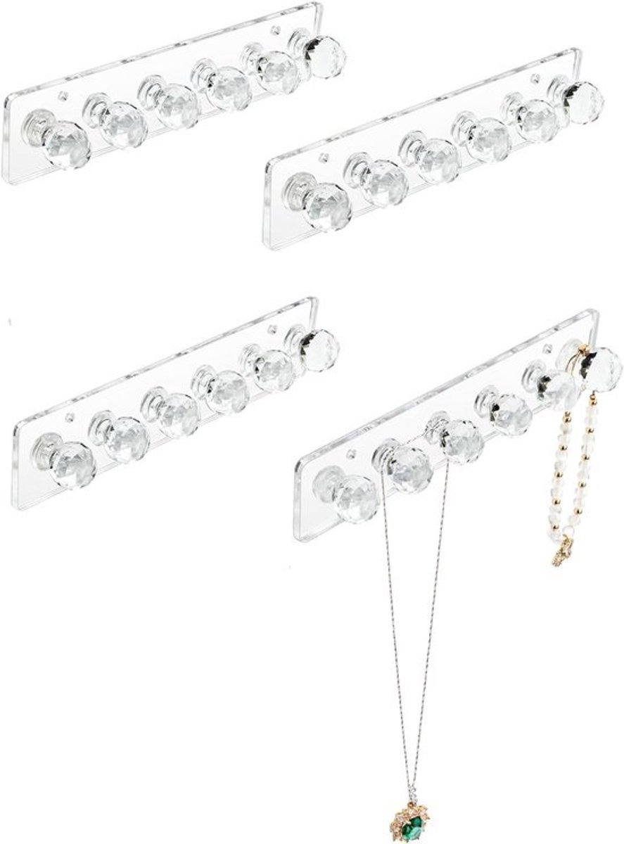 Ketting Hanger - Acryl Houder Organizer - Sieraden Ophangen - Wandmontage Set - 4 Stuks - Helder Kort