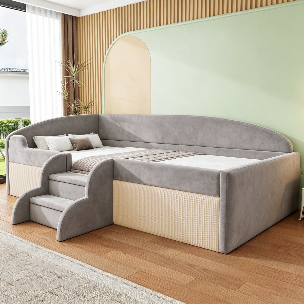 MODENUIT Kinderbed 90 x 190 cm - Met Trap En Uitvalbeveiliging En Lattenbodem - Kinderkamer - Stof - Grijs