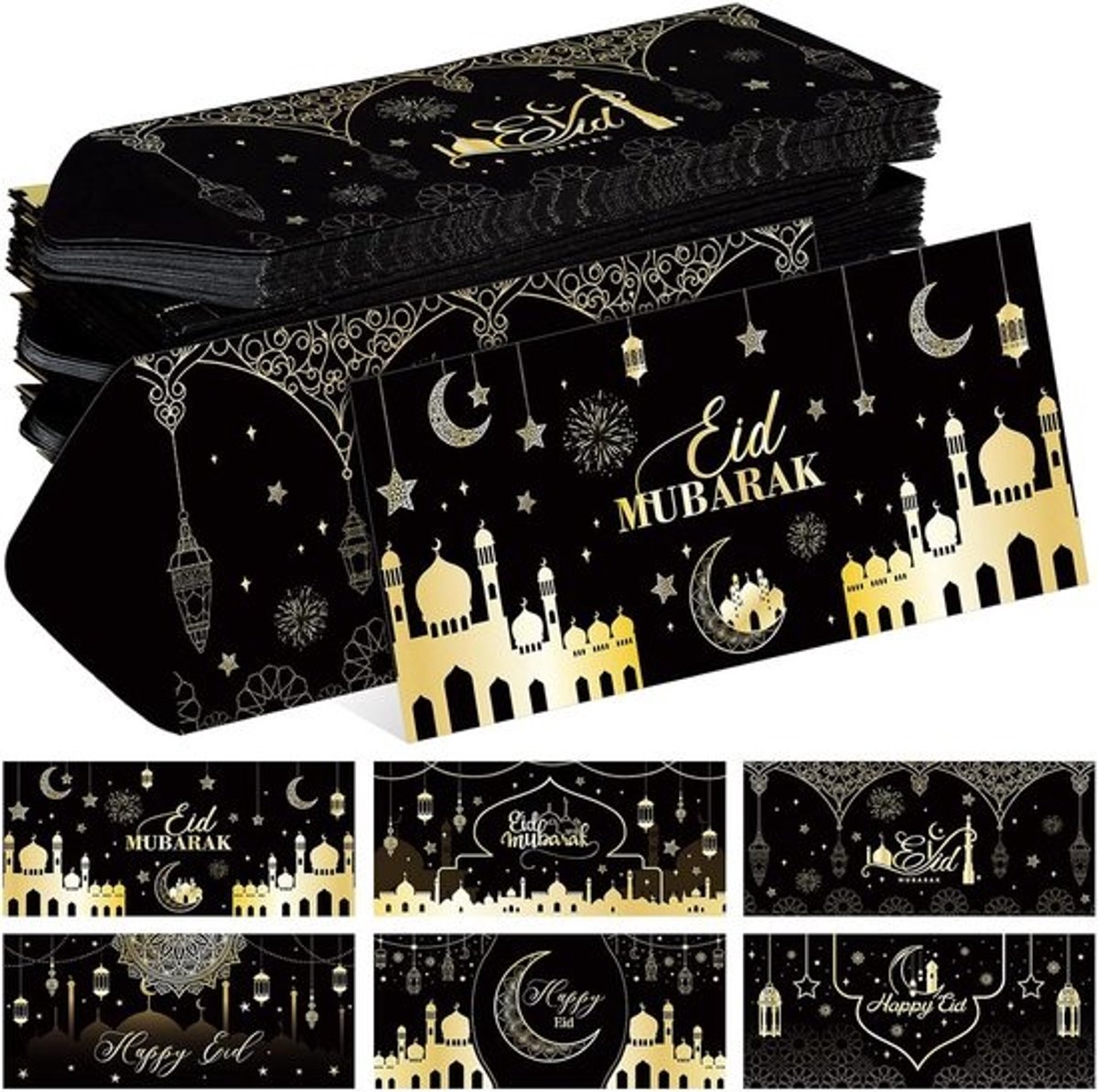 150 Luxe Eid Mubarak Geld Enveloppen voor Ramadan Cadeau - Zwart & Goud