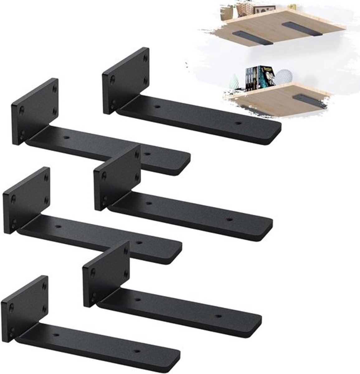 Set van 6 Zwarte Wandplankdragers - Stevige Industriële Plankensteunen van RVS (20 cm)