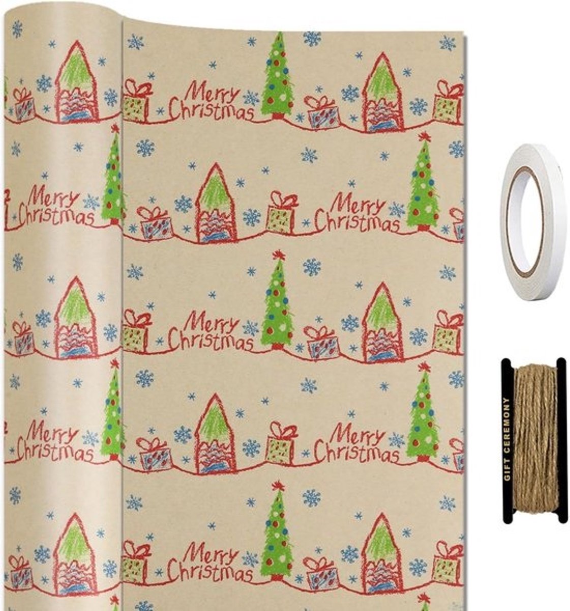 Grote rol Kraft inpakpapier Kerst met sneeuwvlokprint en bijpassende decoraties