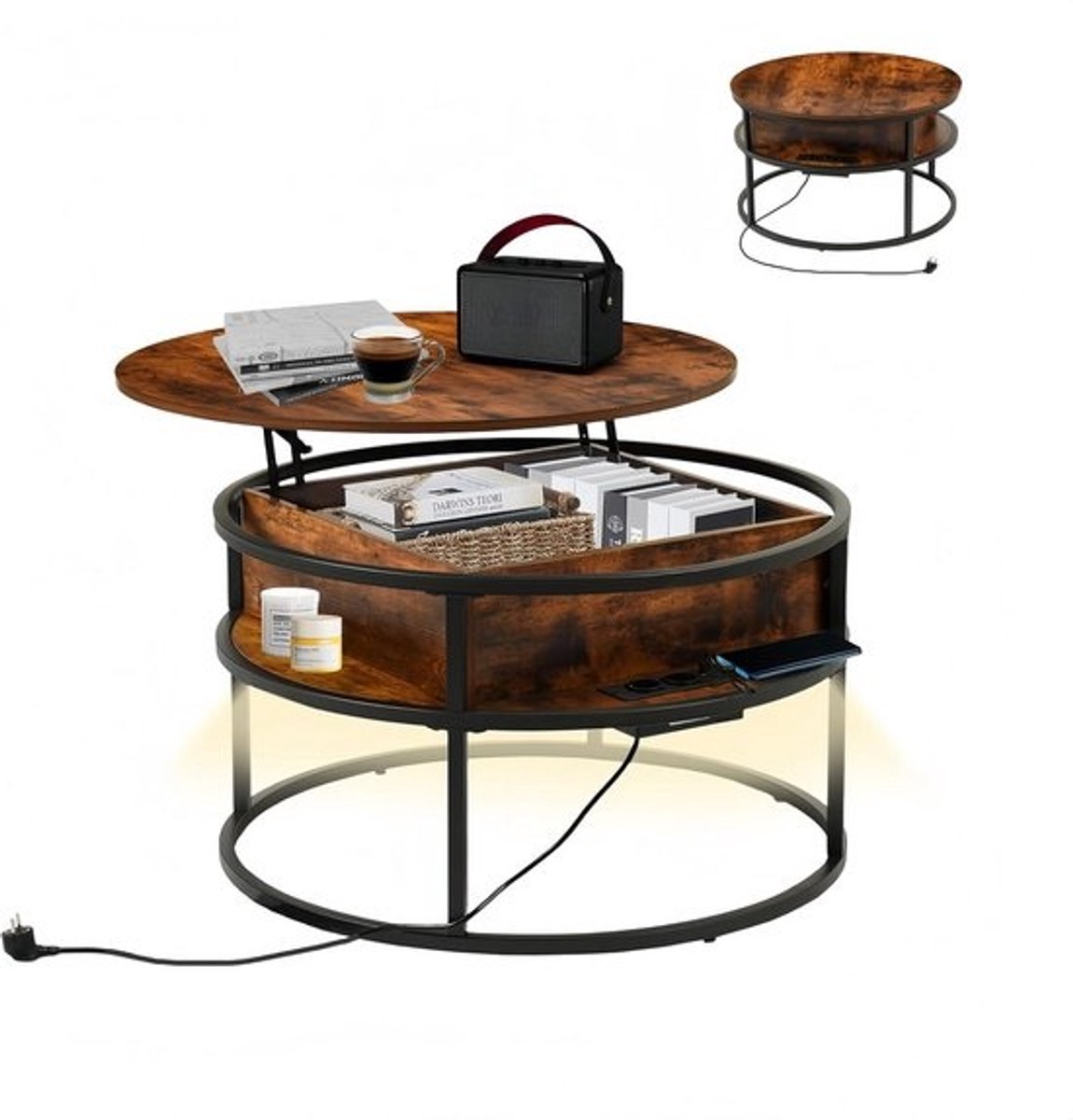 Ronde salontafel - Woonkamertafel - Verstelbare werkplek - Met opbergruimte - 80 x 80 cm - Bruin