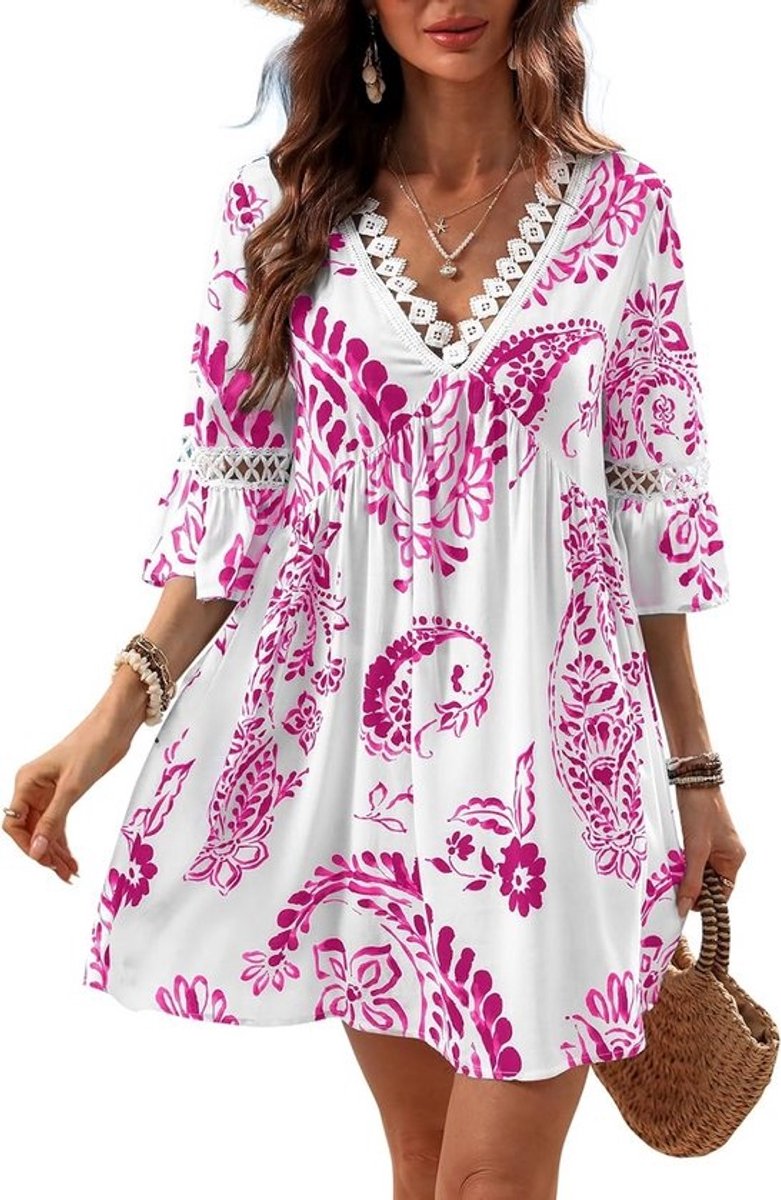 Zomerjurk Mini Kant Trim V-hals Met 3/4 Mouwen Casual Strandjurk Cover Up