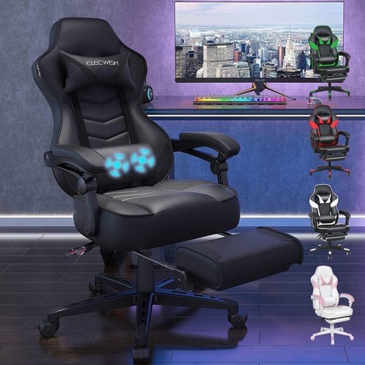 Gamingstoel met Verstelbare Rugleuning 90-150°, Intrekbare Voetensteun, Hoofdsteun, Lendenkussen, Ergonomische Schuimvulling, Stille Wielen, Max. 150 kg - Zwart