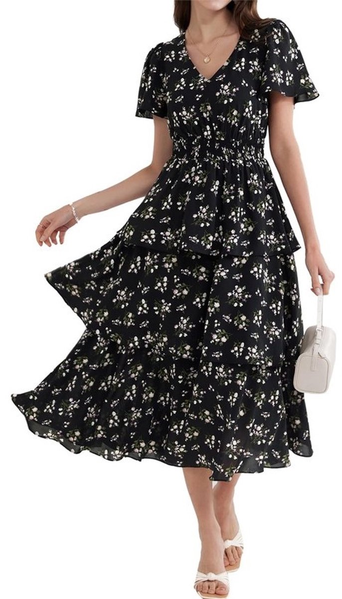 Dames zomerjurk V-hals korte mouwen bloemen A-lijn elegant maxi
