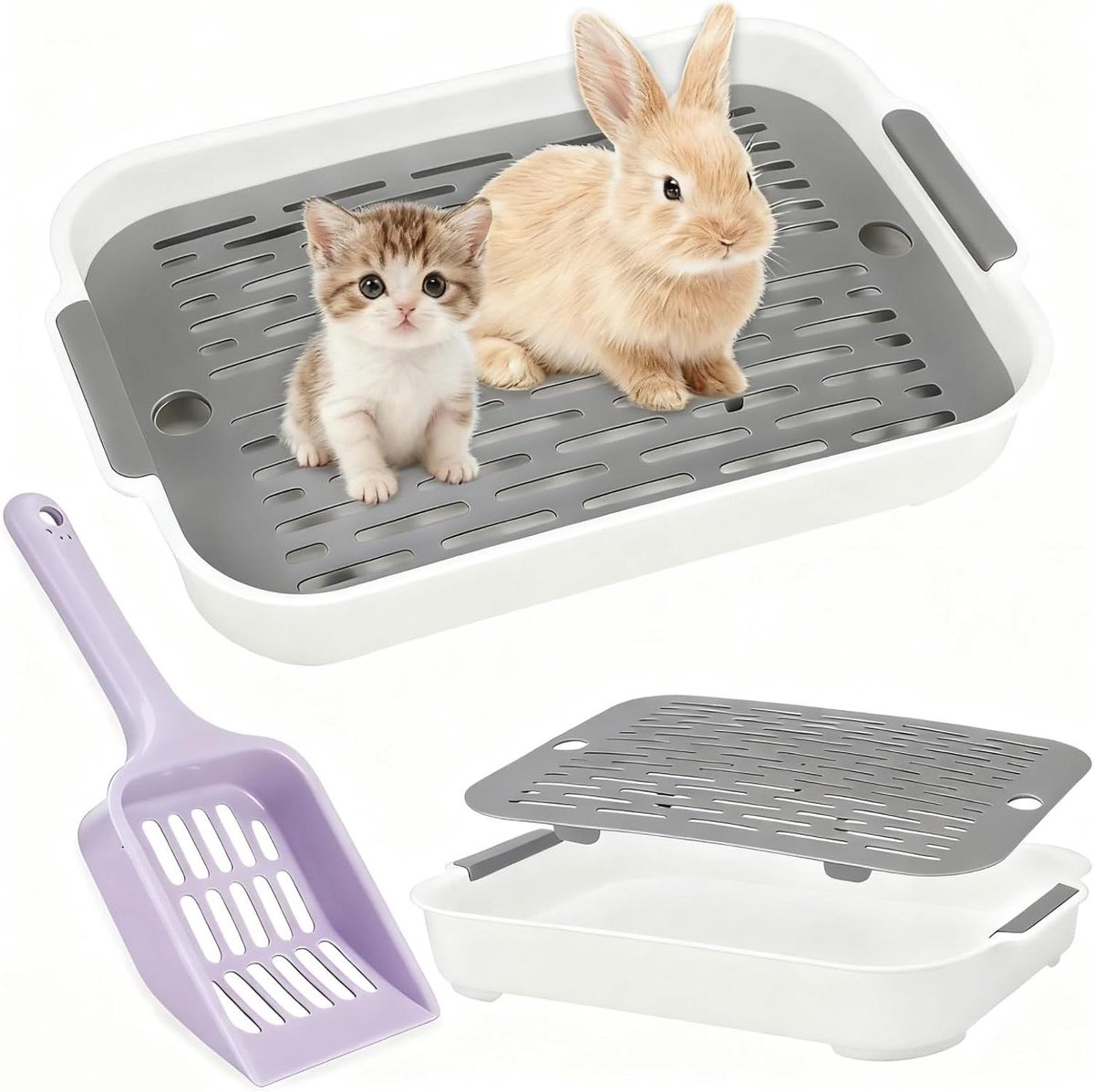 Konijnentoilet met Schep - Hazentoilet Caviabak - Zindelijkheidstraining Huisdier - Dubbellaags Netdesign - 37 x 24 cm - Wit