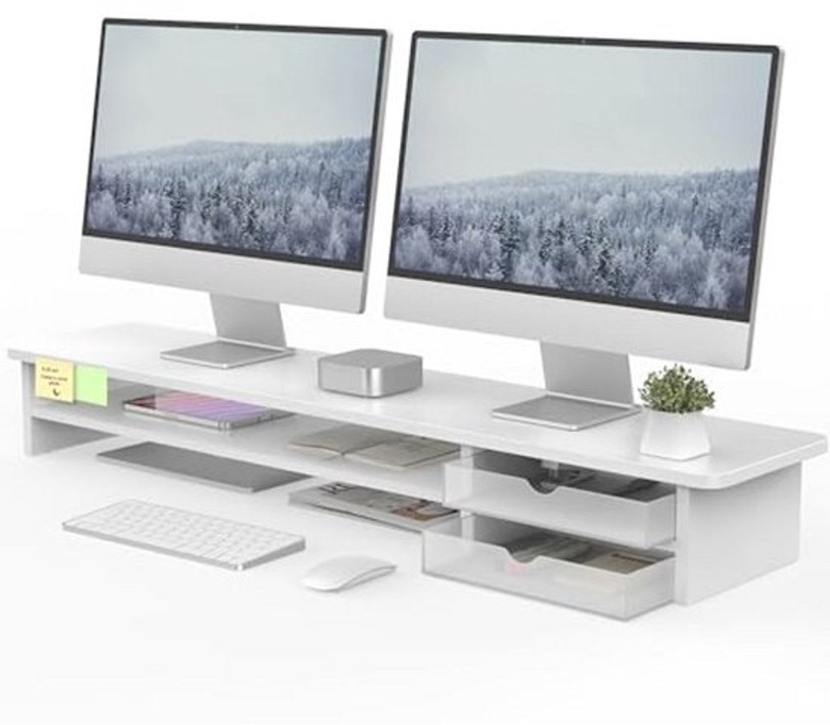Dubbele Monitorstandaard met 2 Acrylaat Laden - 108 cm Bureau Stand voor PC/Laptop/Fax/Printer/TV Scherm