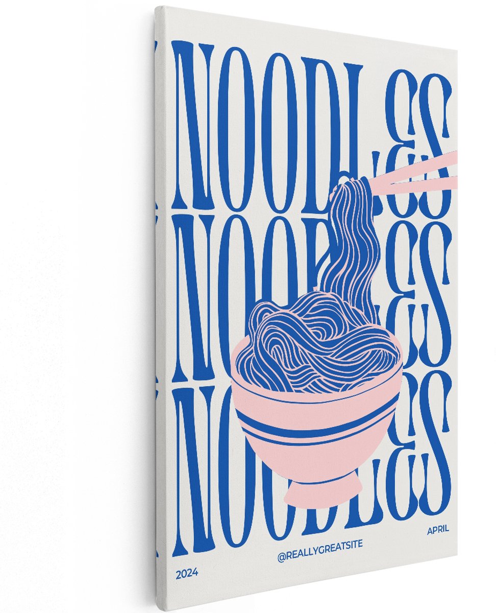 Artaza Canvas Schilderij Noodles - 120x180 cm - Groot - Wanddecoratie Keuken - Muurdecoratie Retro - Decoratie Eten - Roze Blauw