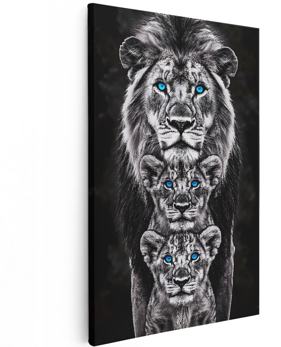 Artaza Canvas Schilderij Leeuw Met Welpen - 120x180 cm - Groot - Wanddecoratie Dieren - Muurdecoratie Zwart Wit - Decoratie Woonkamer - Blauw