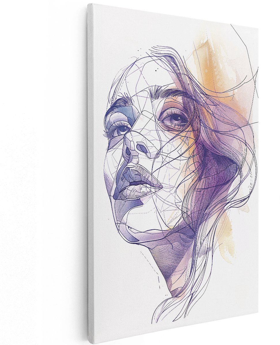 Artaza Canvas Schilderij Abstract Portret Vrouw - 120x180 cm - Groot - Wanddecoratie Modern - Muurdecoratie Geometrisch - Decoratie Woonkamer - Paars