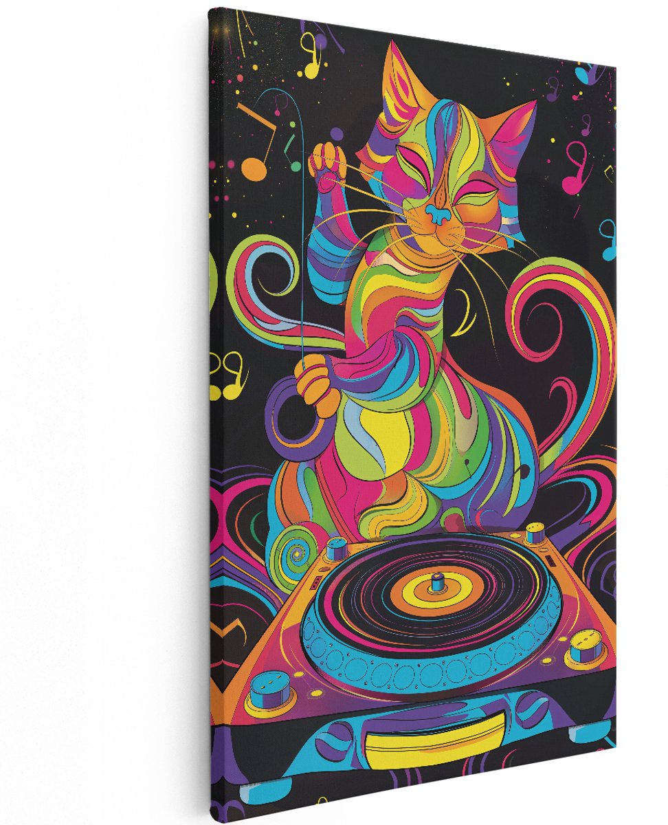 Artaza Canvas Schilderij Kat - 120x180 cm - Groot - Wanddecoratie Muziek - Muurdecoratie Pop Art - Decoratie Kleurrijk - Schilderijen Op Canvas
