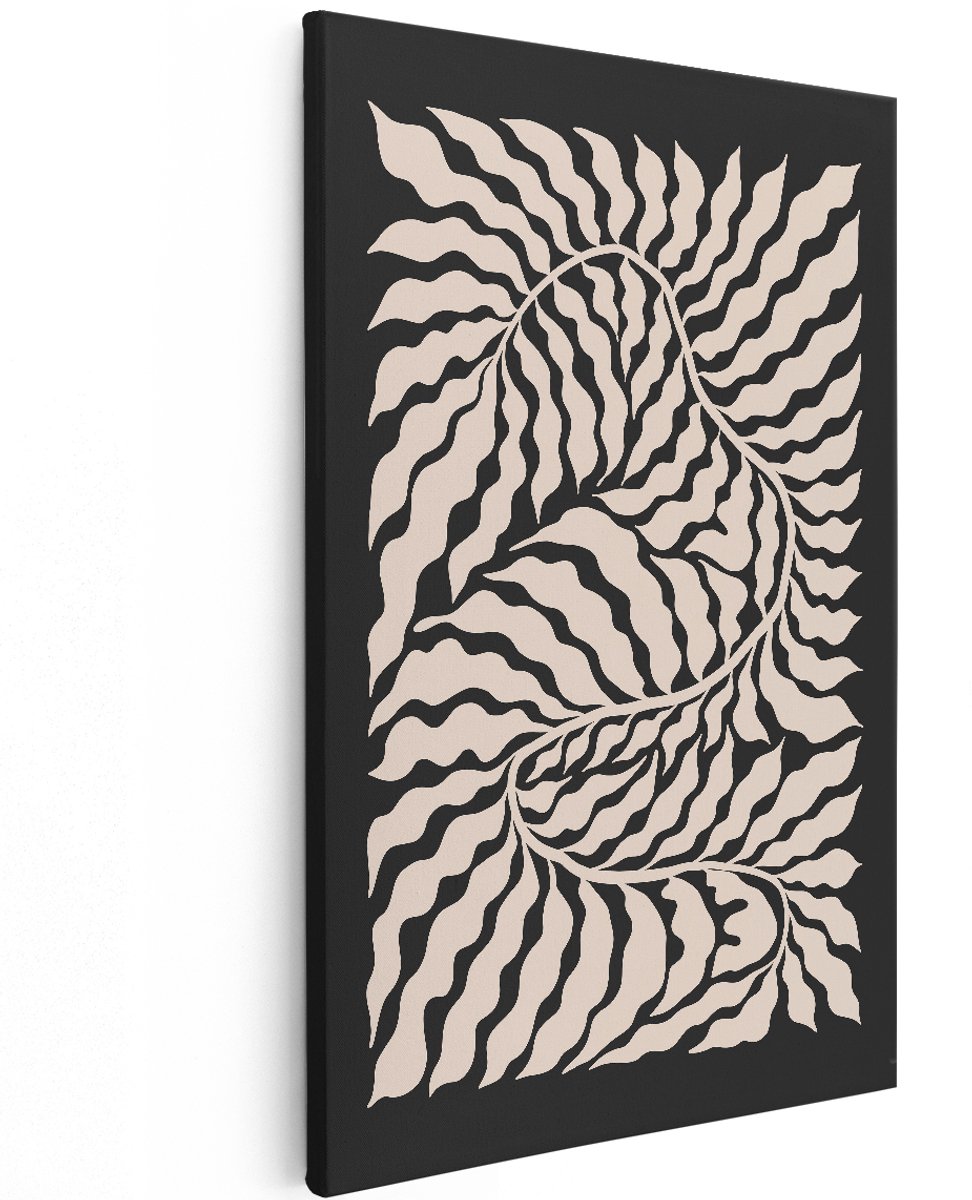 Artaza Canvas Schilderij Abstract - 120x180 cm - Groot - Wanddecoratie Boho - Muurdecoratie Beige Bladeren - Decoratie Zwart Woonkamer