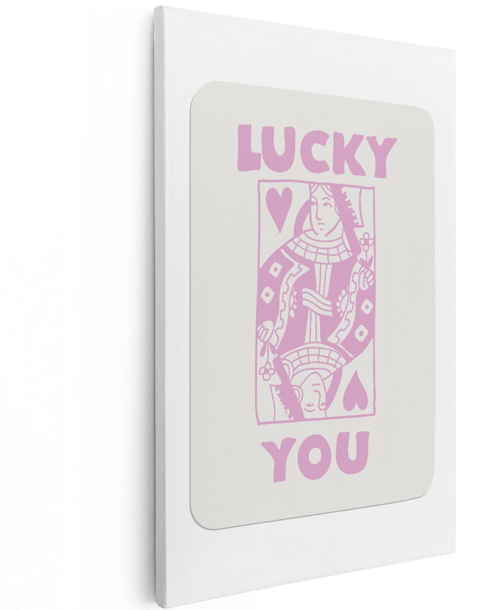 Artaza Canvas Schilderij Speelkaart Lucky You - 120x180 cm - Groot - Wanddecoratie Koningin Harten - Muurdecoratie Retro - Decoratie Slaapkamer Roze
