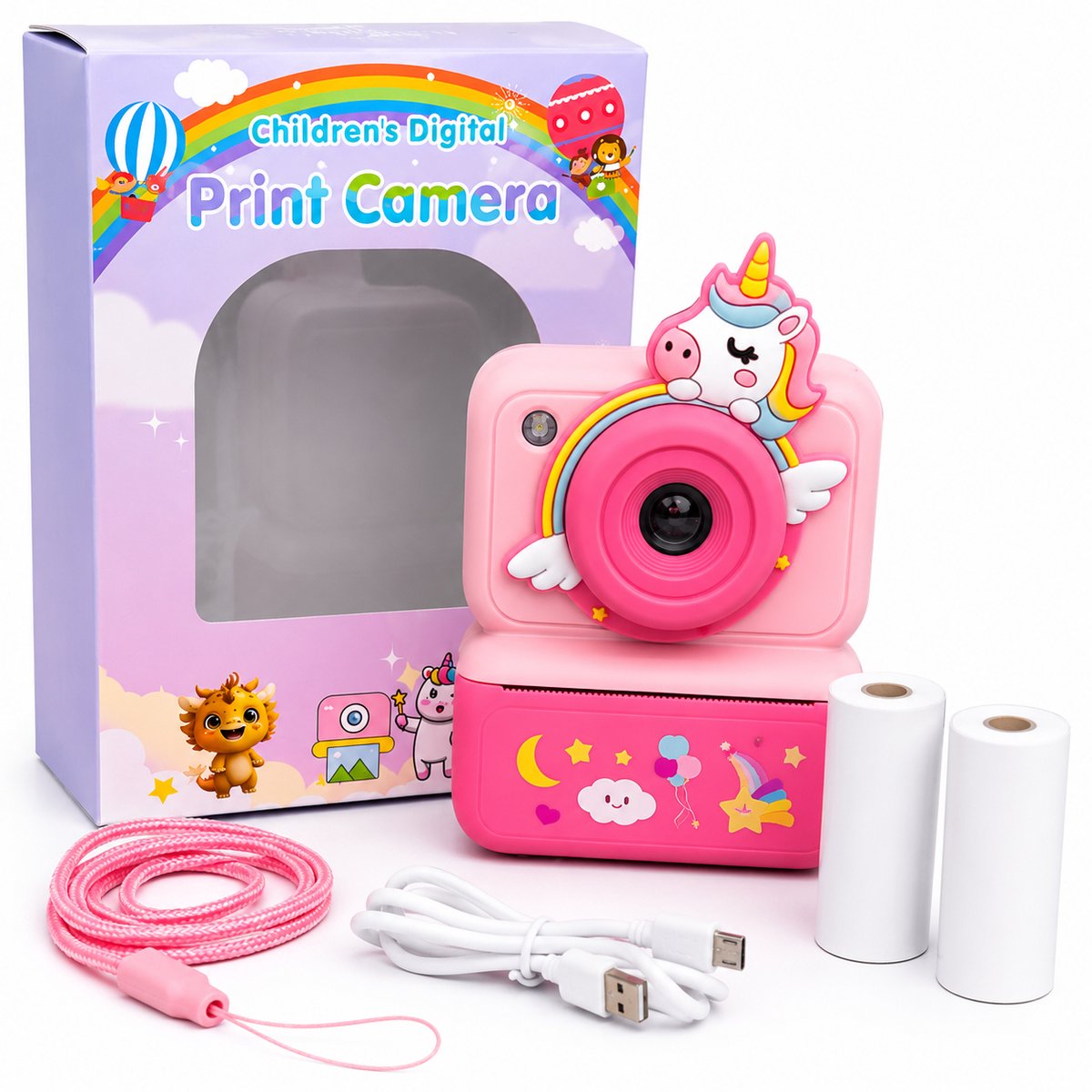 Afecto Kindercamera met Printer - Camera - Digitale Camera voor Kinderen - voor Foto en Video - Spelletjes - roze - incl. koortje, papier en sd card - direct foto's maken en printen!