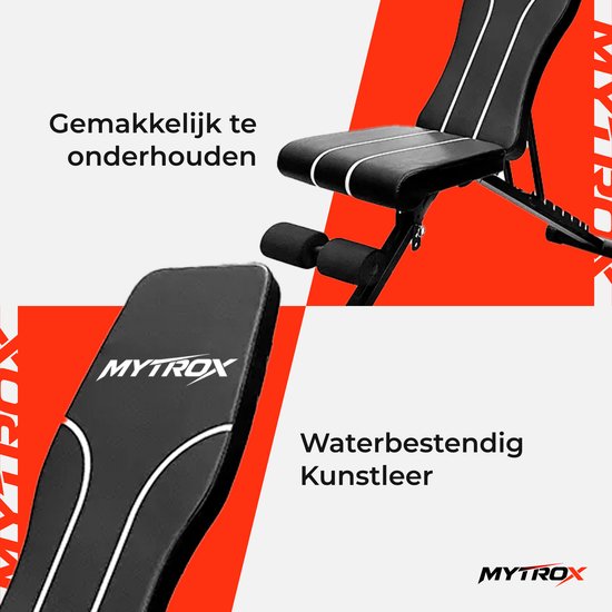 Close-up van zwarte halterbank met "Mytrox" logo. Waterbestendig kunstleer.