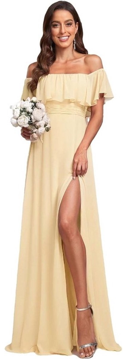 Lange Chiffon Avondjurk met Split A-lijn Off-shoulder Empire Taille Elegante Jurk