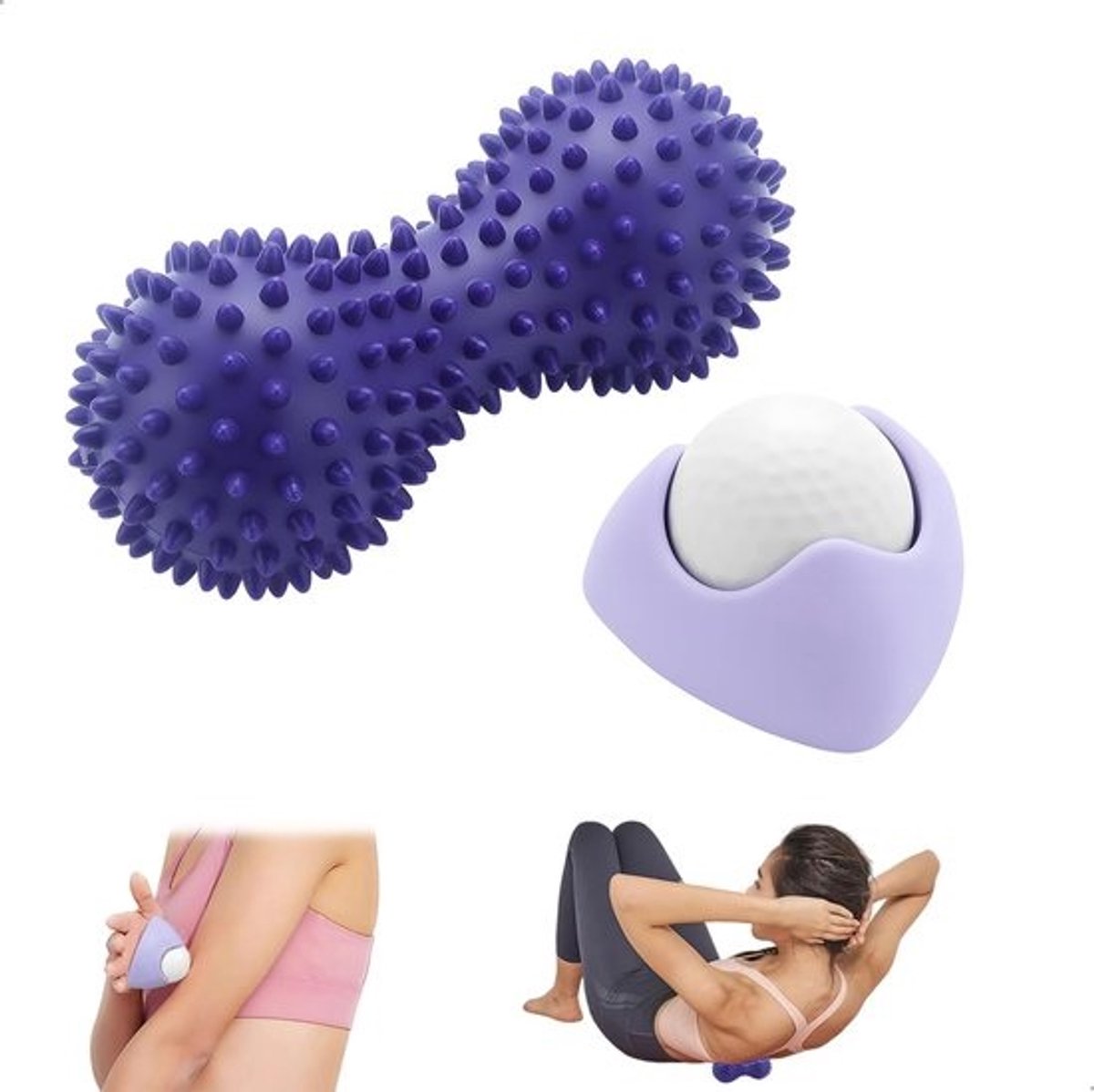 Massagebal Set - Voetroller Triggerpoint - Spierontspanning Thuis - Met Noppen - 2 Stuks - Paars