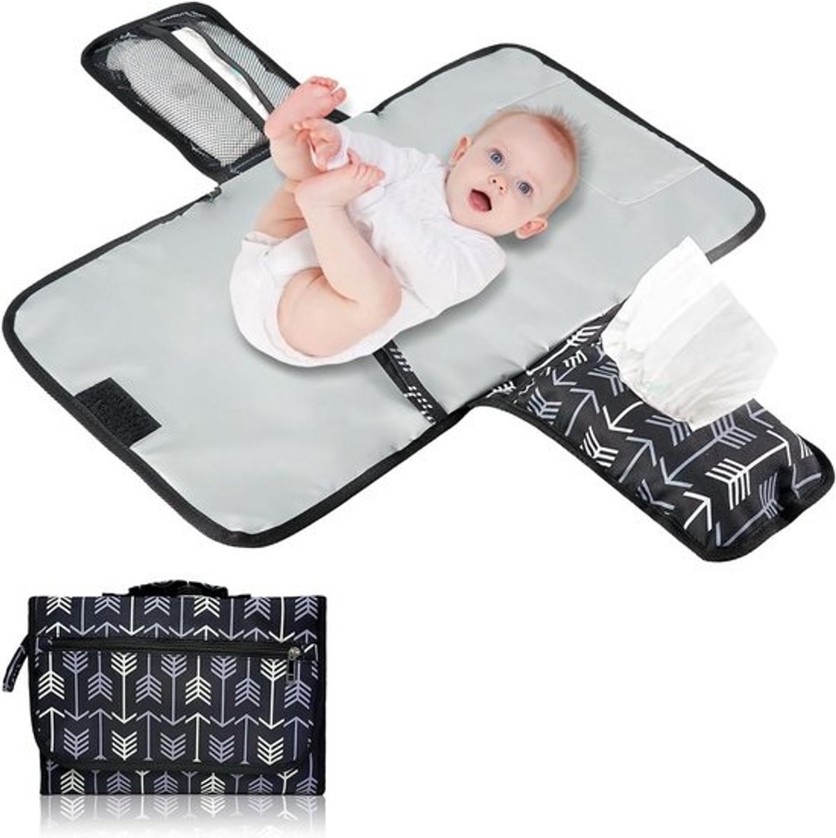 Draagbare aankleedmat voor onderweg - compact aankleedkussen met afneembare luiertas - zwart wit