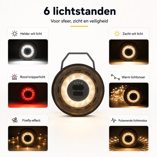 Oplaadbare Campinglamp - 10 m Oprolbaar Lichtsnoer - 2000 mAh - 6 Lichtstanden - USB-C - IPX4 — afbeelding 3