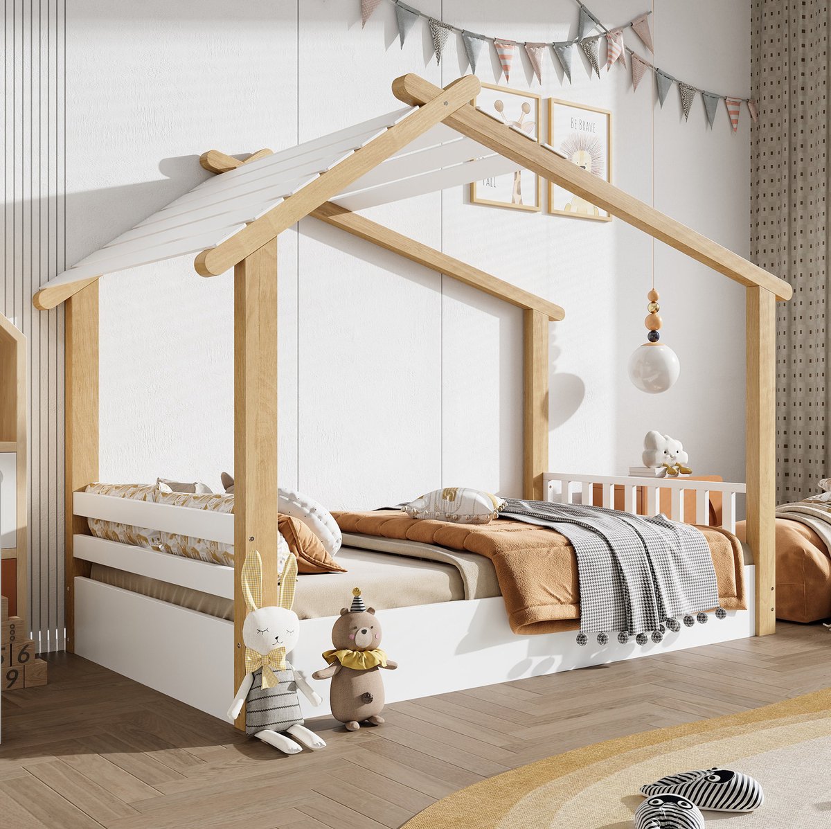 Wishdor Kinderbed 90x200 cm - Huisvormig ontwerp - Met lattenbodem en zijrail - Eenvoudige uitstraling - Kinderkamer logeerkamer - Hout MDF - Wit en naturel