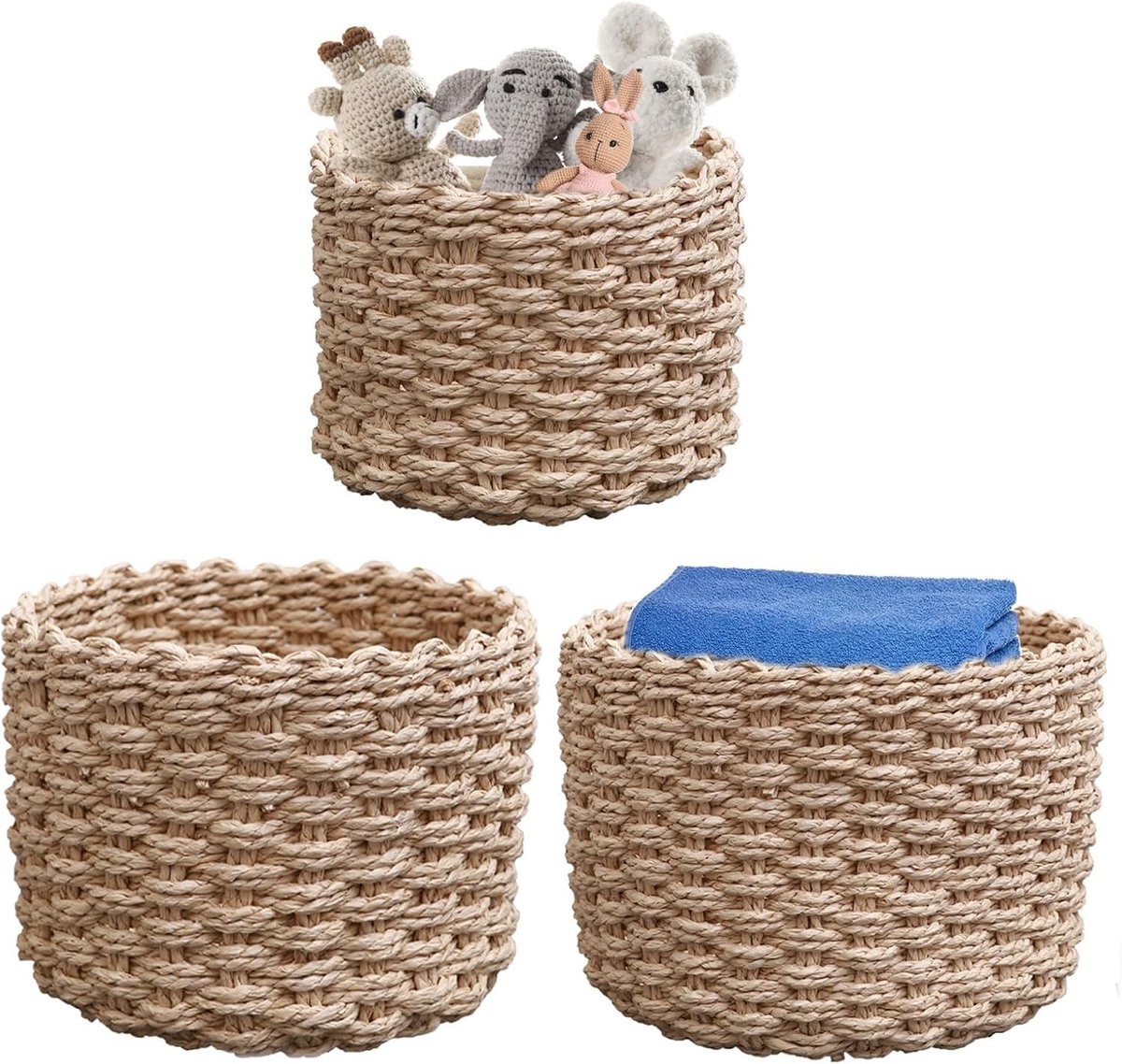 Set van 3 Stapelbare Gevlochten Opbergmanden voor Badkamer, Woonkamer en Keuken - Wit, Ronde Mand, Organisatie en Decoratie