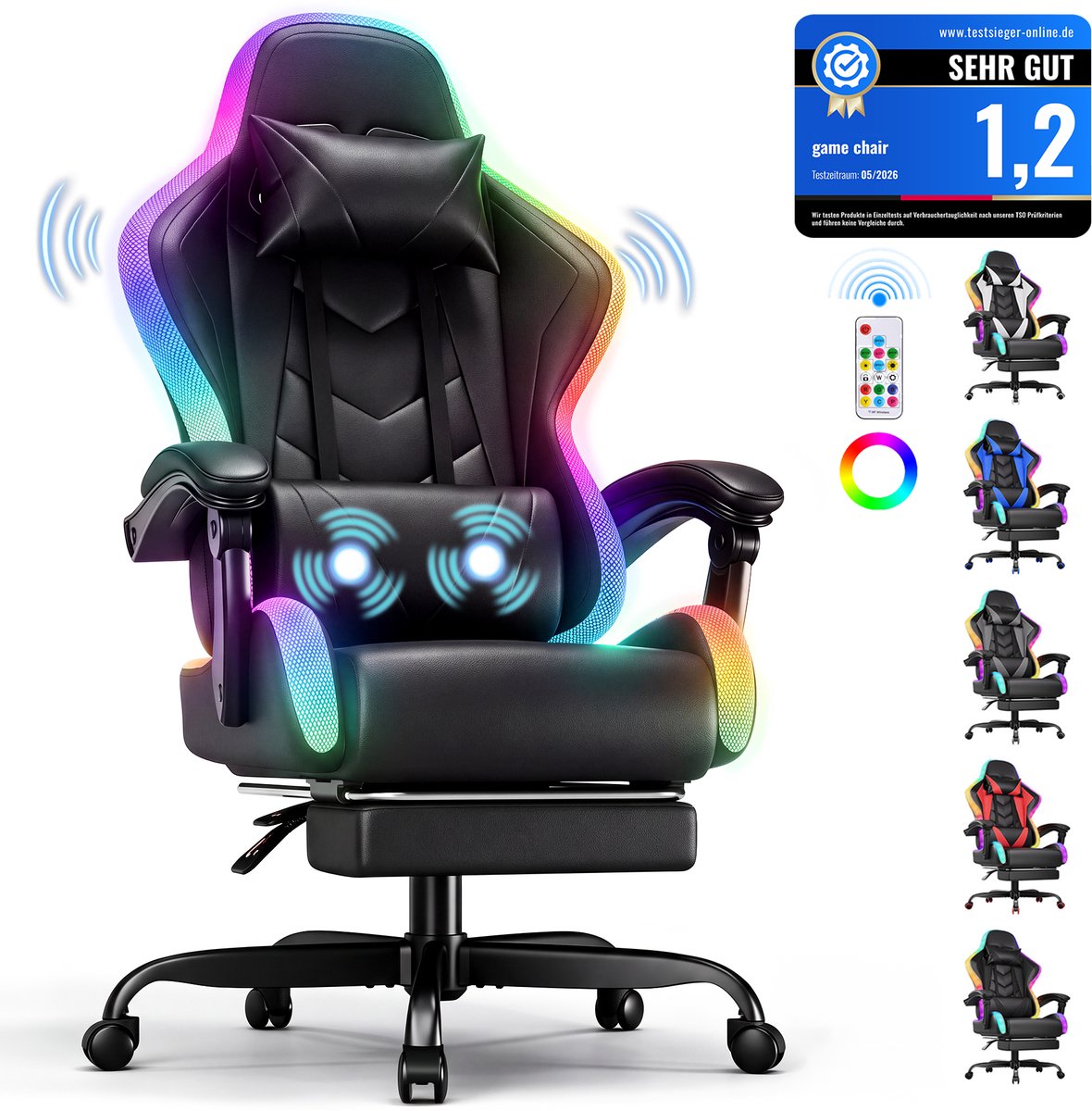 Devoko Game Stoel met ledverlichting-Ergonomische Gamestoel-Gaming chair met voetensteun-Bureaustoel met hoofdsteun en taille massage-Zwart