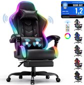 Zwarte gamingstoel met voetsteun en meerkleurige LED-verlichting rond de zijkanten en het hoofdkussen.