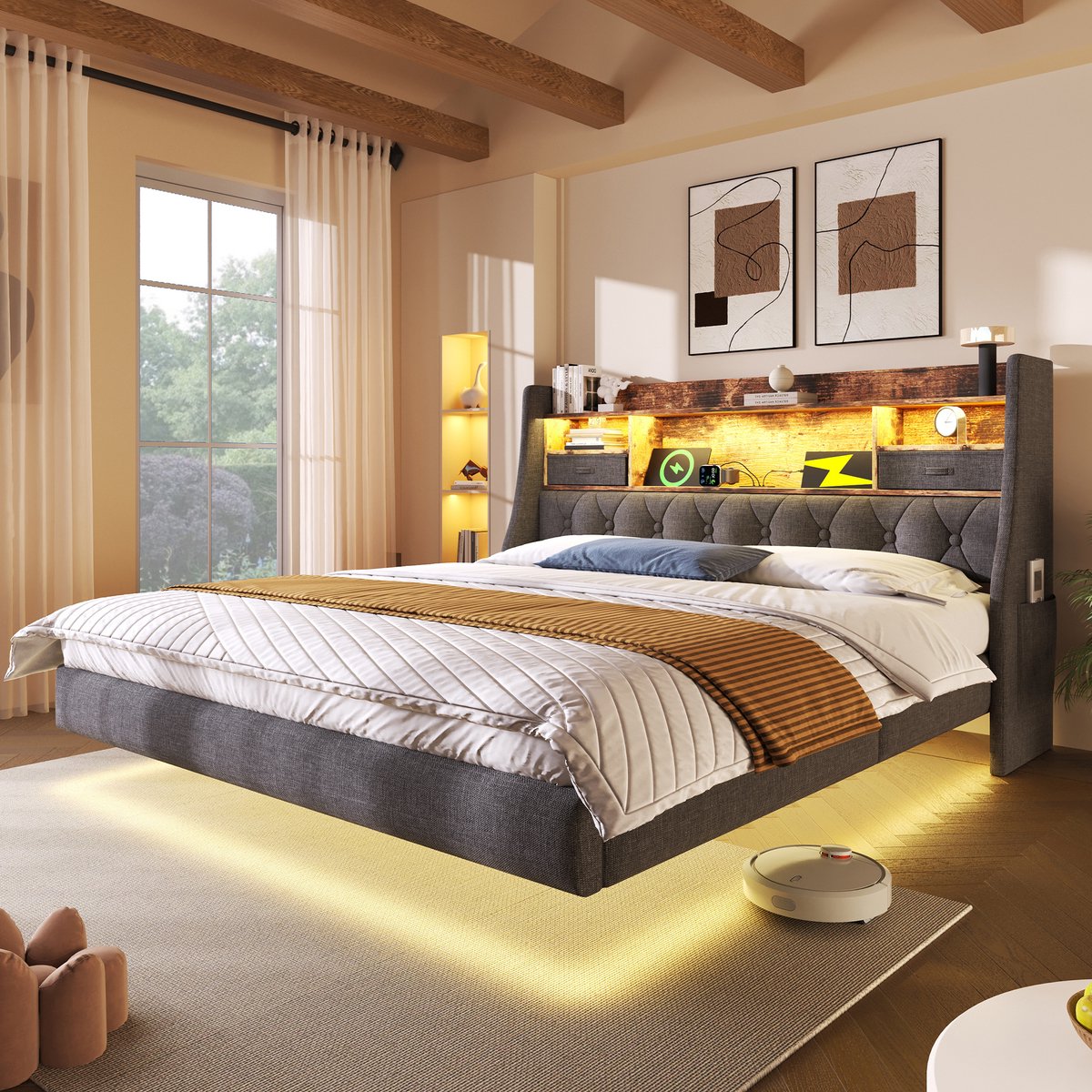 REDOM - Bed - LED-verlichting en laadstation in hoofdbord - Opbergruimte in hoofdbord - Retro stijl - Slaapkamer - Stof - Grijs - 180 x 200 cm