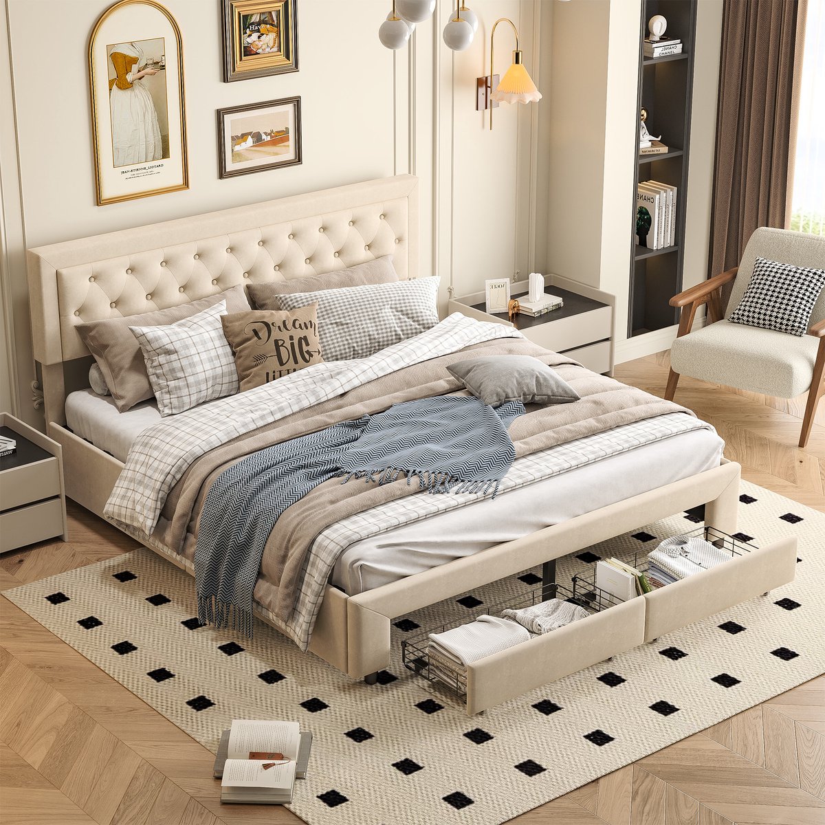 Tweepersoonsbed 160x200 cm, volwassen bed met opbergruimte en gecapitonneerd hoofdbord, opbergbed, fluweel, beige, zonder matras