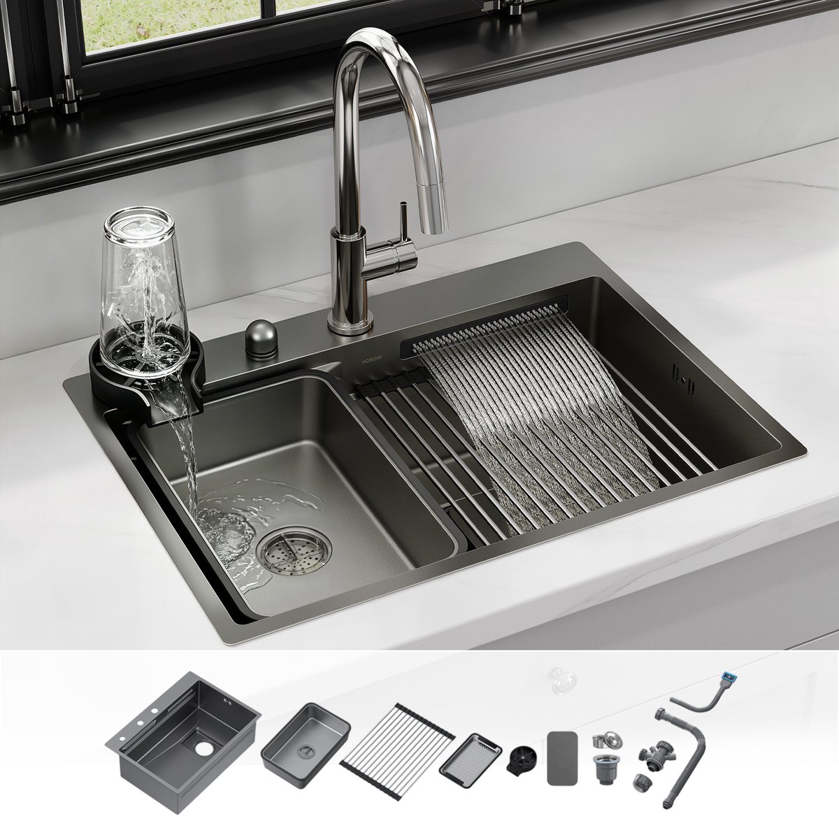 HOROW Roestvrijstalen Keukenspoelbak – Multifunctionele spoelbak – 66 x 48 cm – Gunmetal grijs