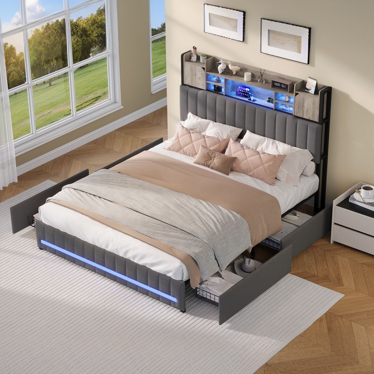Tweepersoonsbed 140x200 cm met 4 lades, bedframe 140x200 met ledverlichting en USB-poort, Gestoffeerd hoofdbord met opbergruimte, lattenbodem, linnen Grijs