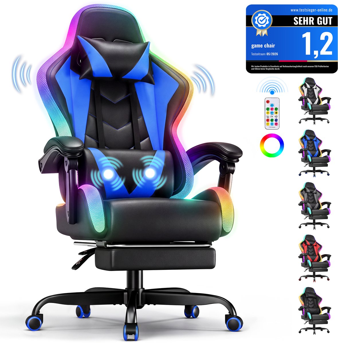 Devoko Game Stoel met ledverlichting-Ergonomische Gamestoel-Gaming chair met voetensteun-Bureaustoel met hoofdsteun en taille massage-Zwart blauw