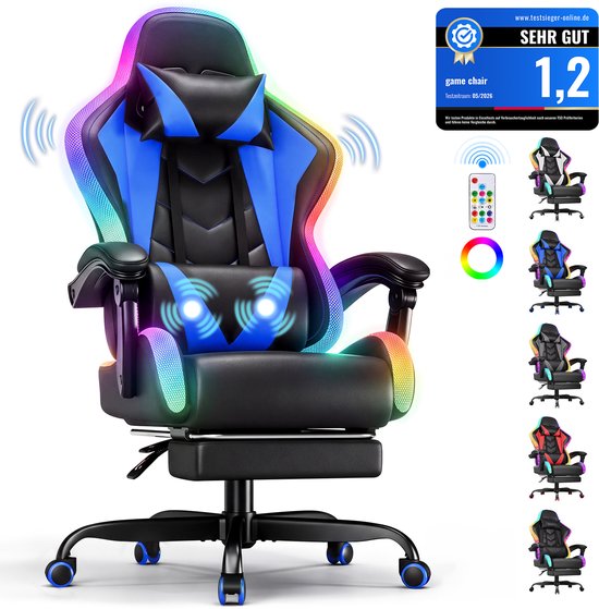 Zwarte en blauwe gamingstoel met instelbare RGB-verlichting, massagefunctie en een afstandsbediening. Diverse kleuren stoelen worden getoond.