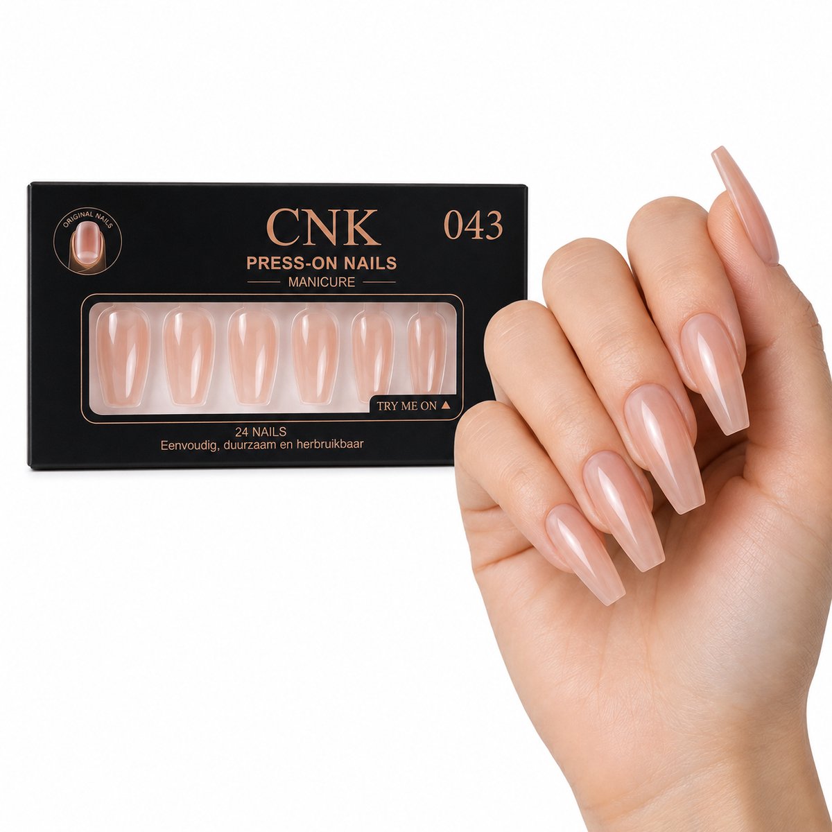 CNK 043 Press On Nails - Plaknagels - 24 Kunstnagels met Nagellijm, 24 Zelfklevende Plakstickers, Cleaner Wipe, Nagelvijl, Woodstick & Size Matcher - Nepnagels voor 7-14 Dagen - Herbruikbare Press-On Nagels - Starterspakket voor Manicure & Nail Art