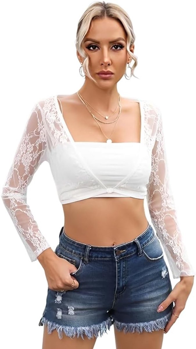 Elegante bolero van kant met lange mouwen en bloemenpatroon, diepe V-hals voor bruiloften, ceremonies en gala-avonden, per stuk verpakt