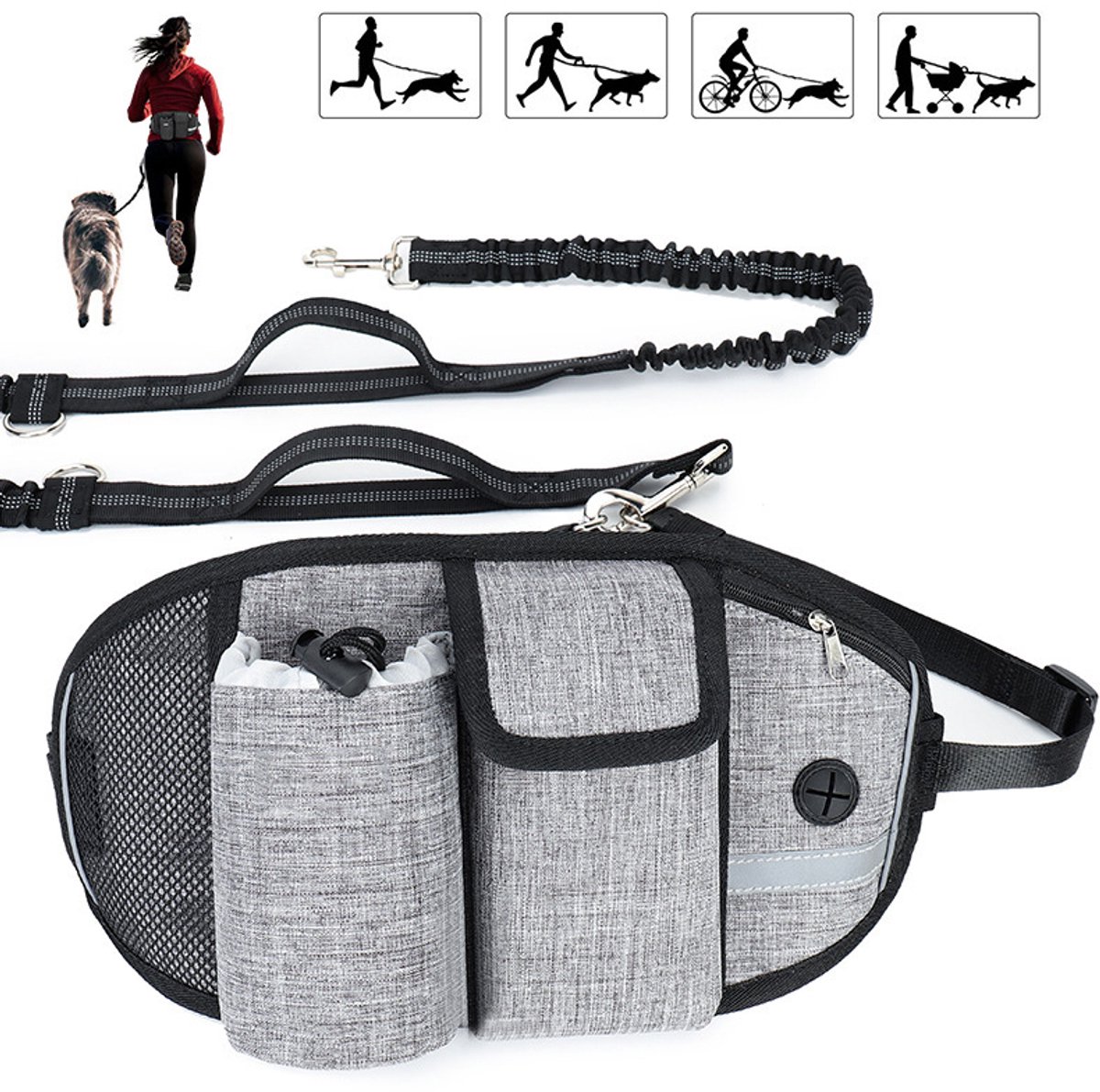 YAGXIG Hondenriem - Heupriem voor huisdieren - Handsfree hondenriem - 1,6-2,5 m - Maximaal 50 kg - Schokabsorberend - Reflecterende stiksels - Geschikt voor hardlopen, joggen en wandelen - Grijs