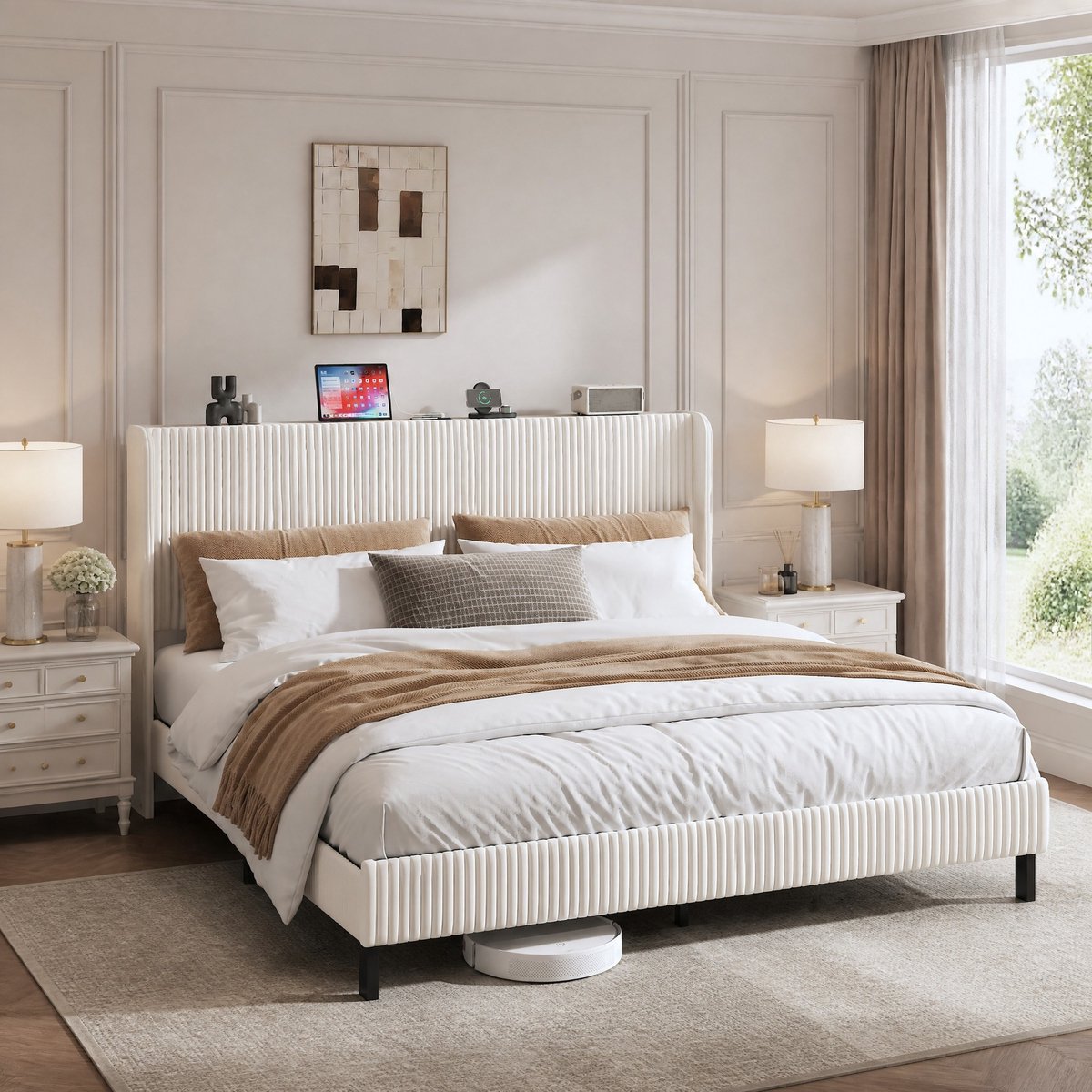 REDOM - Bedframe - Gestoffeerd hoofdbord met verticale banen - Metalen lattenbodem en 9 poten - Modern - Slaapkamer - Stof en metaal - Beige en crème - 180 x 200 cm