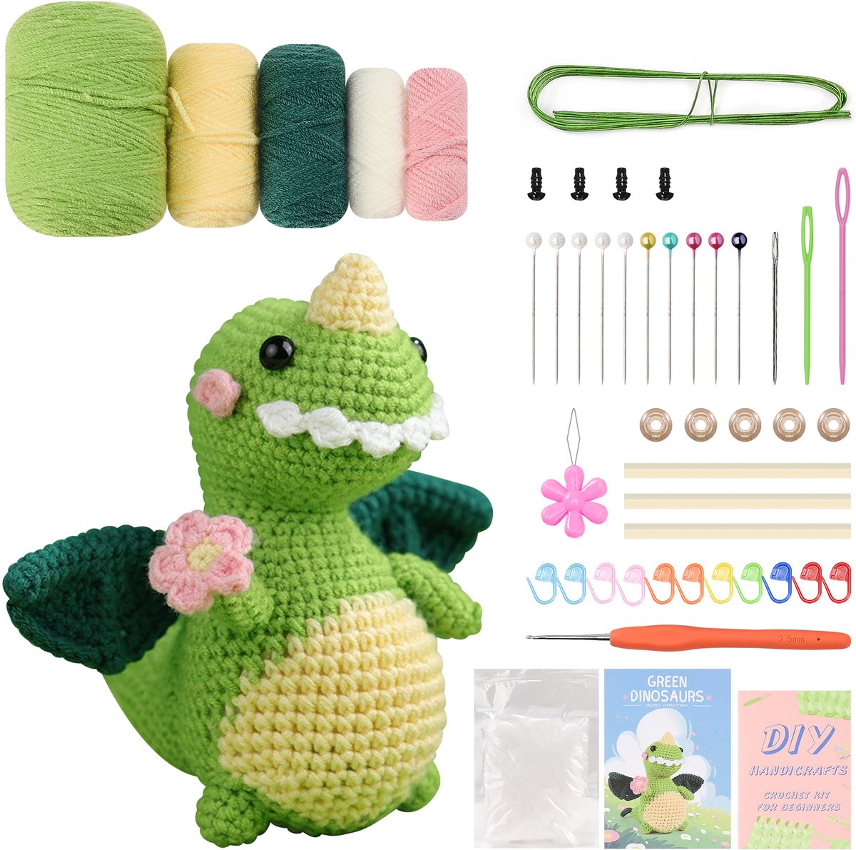 Haakpakket Groene kleine dinosaurus – Complete DIY Haakset voor Beginners, Haken Pakket, Amigurumi Haakset, Creatief Handwerk Pakket als Decoratie en Cadeau