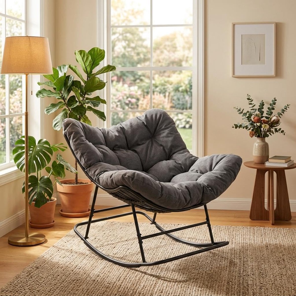 Extra grote Papasan-schommelstoel – Extra dik kussen – Draagvermogen 450 Lbs – Gezellige eivormige stoel – Stevig metalen frame – Grils