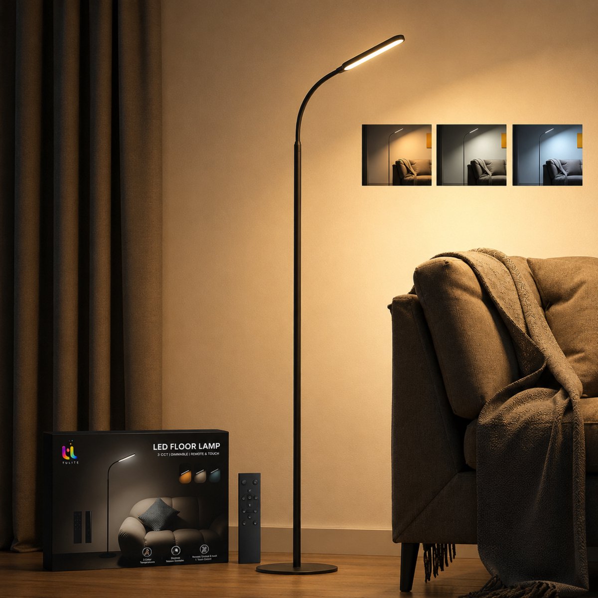 TULITE Arcus LED Vloerlamp - Leeslamp staand - Staande Lamp - Dimbaar - 3 Kleurstanden - 180cm - 1300Lm - Touch & Afstandsbediening - Zwart